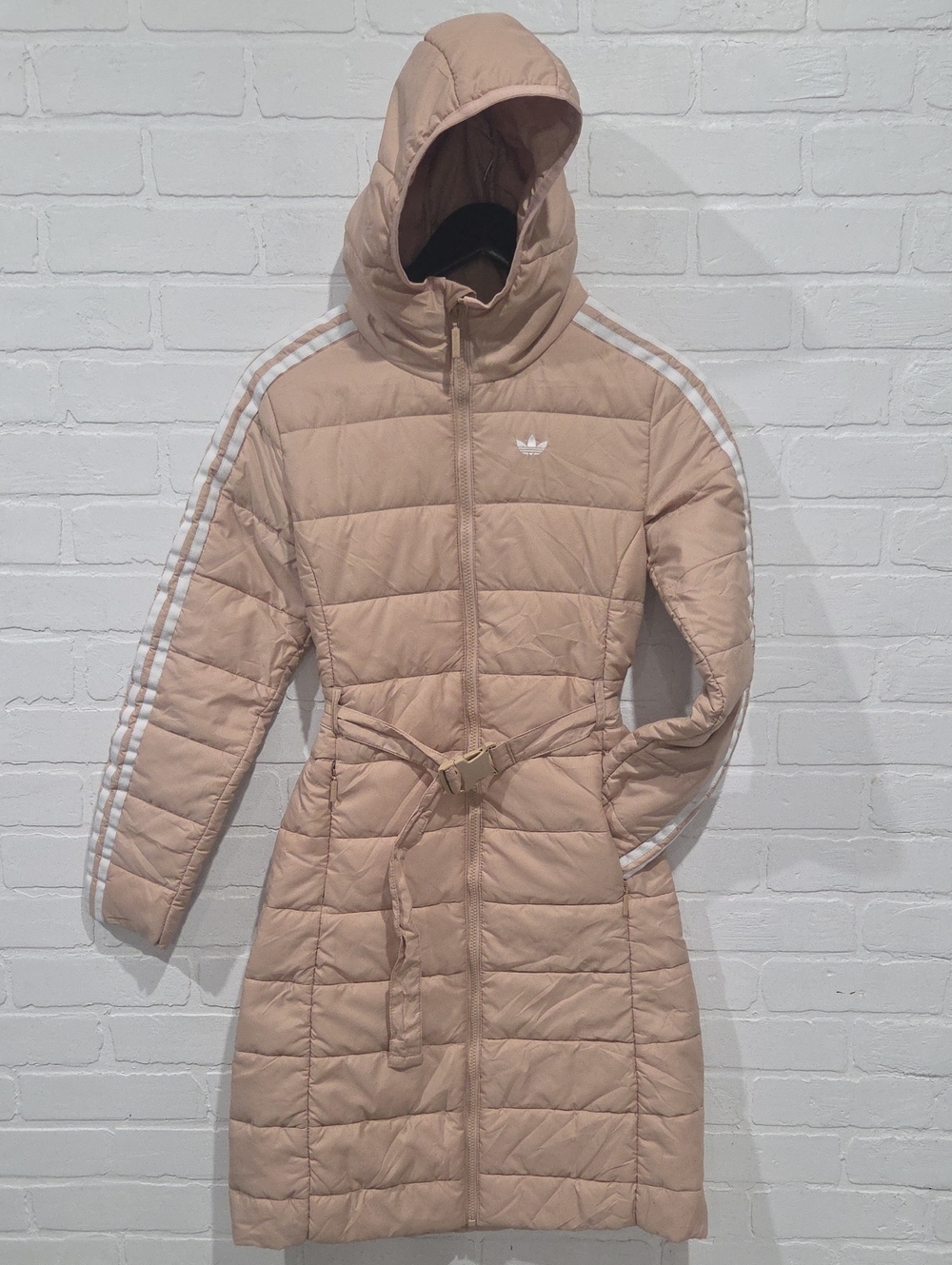 adidas Long Quilted Hooded Puffer Coat in Light Taupe with White Stripes